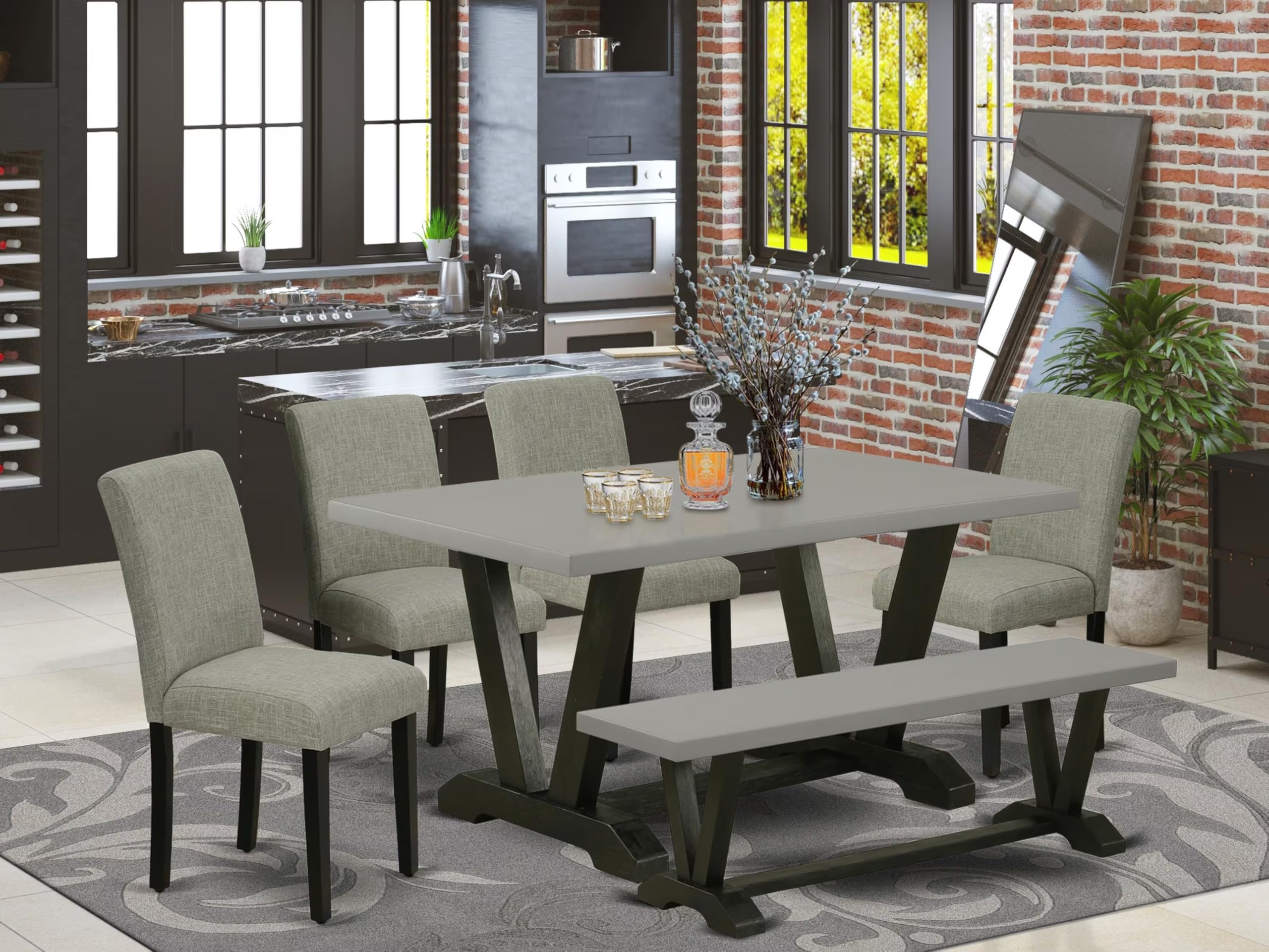 East West Furniture V-Style 6 Piece Modern Dining Set Contains A Rectangle Wooden Table With V-Legs And 4 Shitake Linen Fabric Parson Chairs With A Bench, 36X60 Inch, Multi-Color
